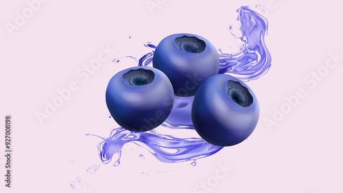 Blueberries in splashes of liquid, on a light purple background.