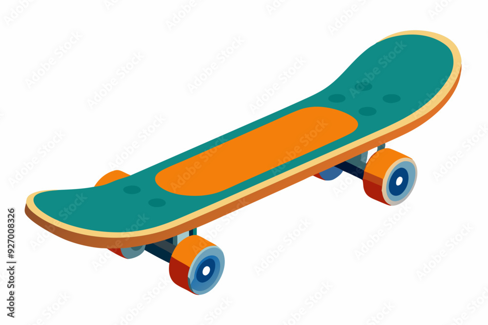 Green and orange skateboard with four wheels Green and orange skateboard with four wheels