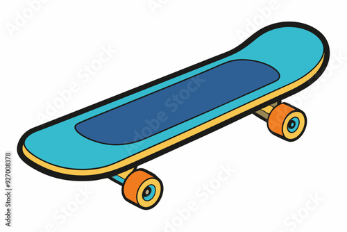 Isometric Illustration of a Skateboard with Blue Deck and Orange Wheels