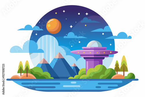 Nighttime landscape with a UFO hovering over a lake and mountains