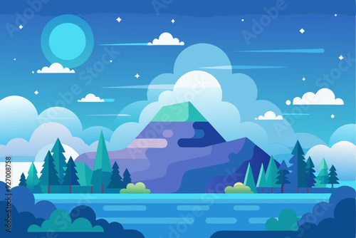 Nighttime Mountain Landscape with a Lake and Trees