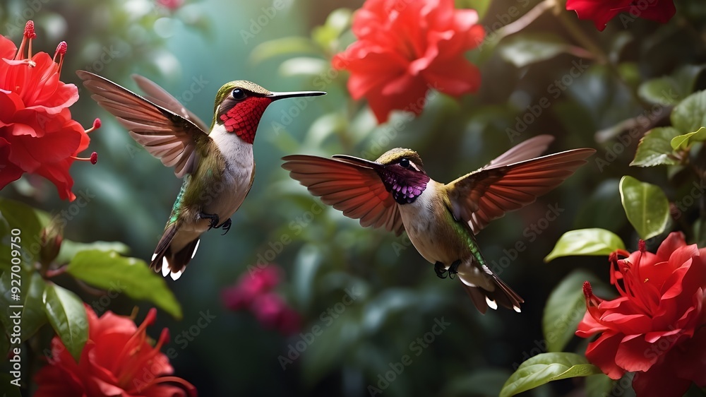 Naklejka premium In a lush garden, a tiny hummingbird flits beside a stunning, crimson bloom, its wings beating rapidly as it hovers in mid-air.