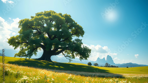 massive lush green field with clusters of flowers throguhout. with mountain size tree of life. beautiful suuny sky. photo