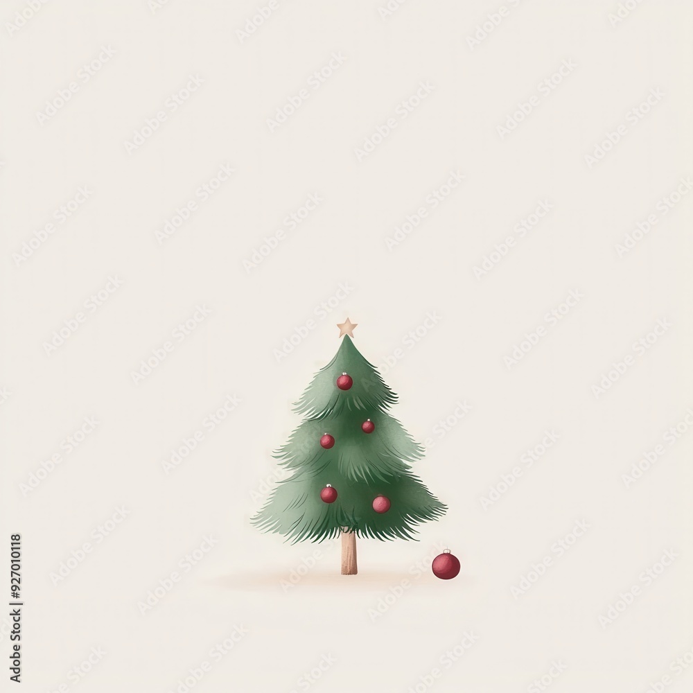 Minimalist Christmas Tree with Red Ornaments and Fallen Bauble on Light Background Minimalist Christmas Tree with Red Ornaments and Fallen Bauble on Light Background