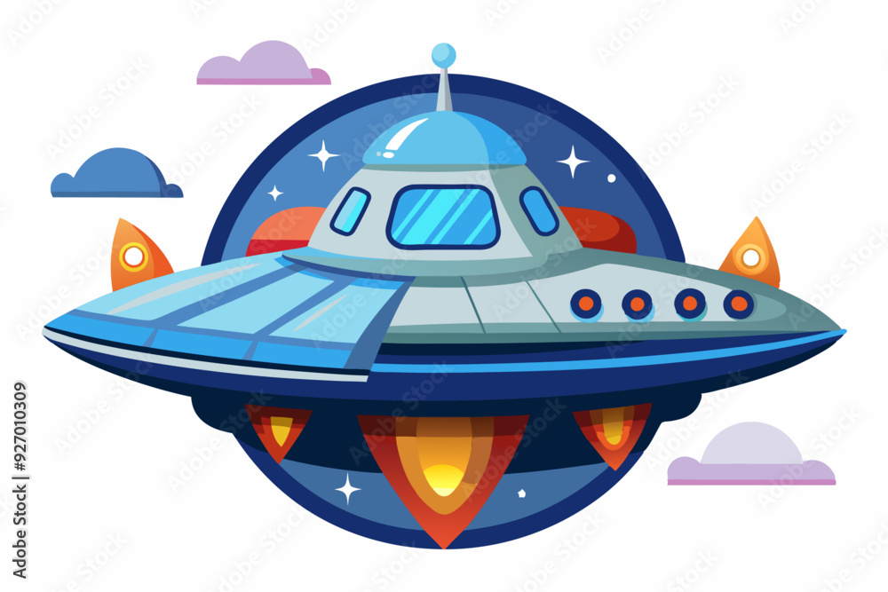 Cartoon UFO with Flames and Stars in a Night Sky Cartoon UFO with Flames and Stars in a Night Sky
