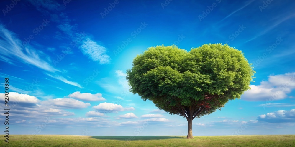 Abstract field with heart shape tree under blue sky, symbolizing beauty and nature in a Valentine concept background Abstract field with heart shape tree under blue sky, symbolizing beauty and nature in a Valentine concept background