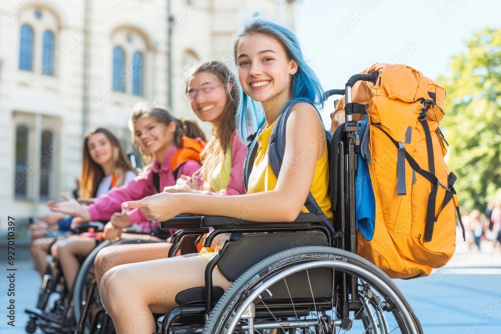 Obraz premium Group of Young Friends on an Adventure with One in a Wheelchair