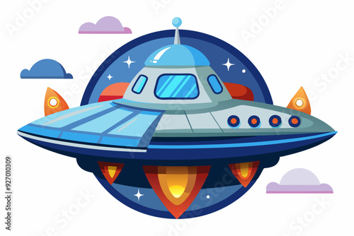 Cartoon UFO with Flames and Stars in a Night Sky