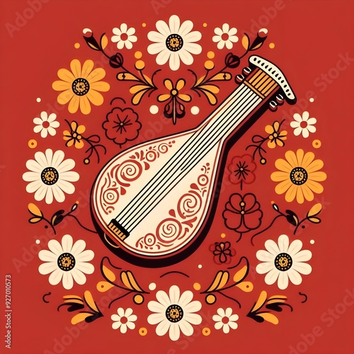 An illustration of a dulcimer in a Scandinavian folk art style.