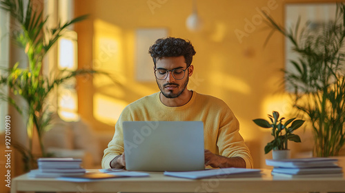 A focused Indian man, sitting at a desk in a contemporary workspace, carefully reading through a contract on his laptop, with data charts and documents around him.