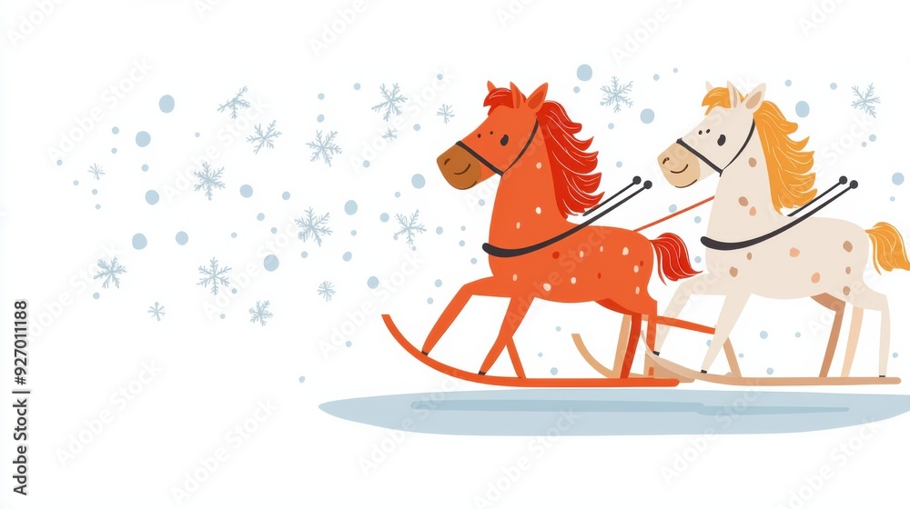 Fototapeta premium Illustration of Two Rocking Horses with Snowflakes on a White Background - Winter Holiday Theme