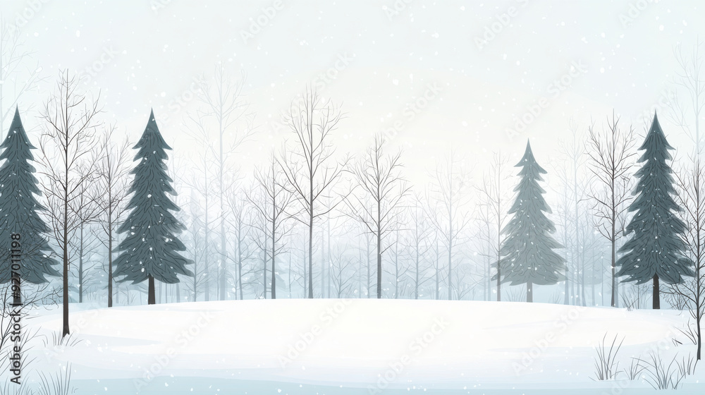 Fototapeta premium Winter Forest Scene with Snow-Covered Ground and Bare Trees in Fog 