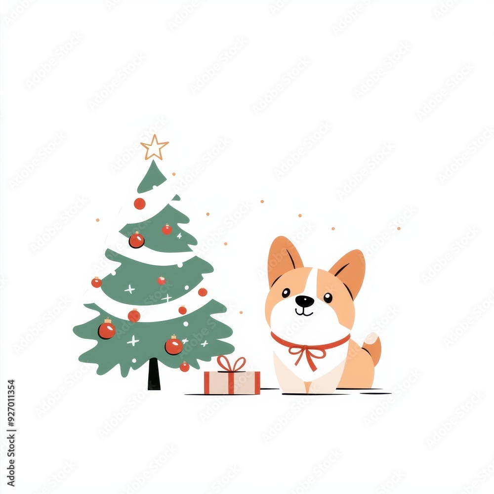 Cute Corgi Puppy with Christmas Tree and Gift Box - Festive Holiday Illustration Cute Corgi Puppy with Christmas Tree and Gift Box - Festive Holiday Illustration