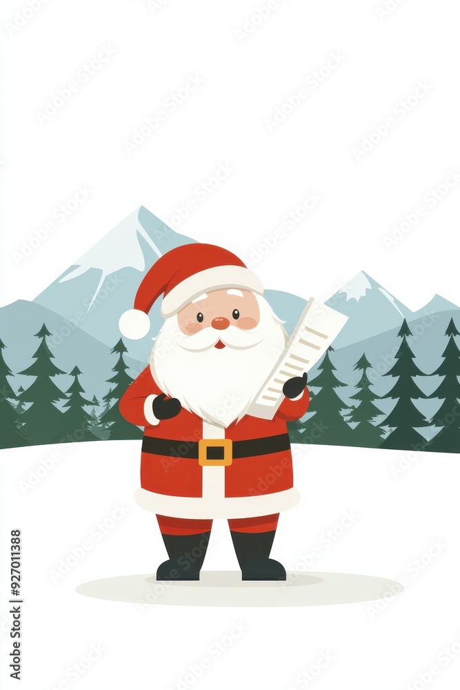 Santa Claus Holding a List in a Winter Wonderland with Snowy Mountains and Pine Trees in the Background Santa Claus Holding a List in a Winter Wonderland with Snowy Mountains and Pine Trees in the Background