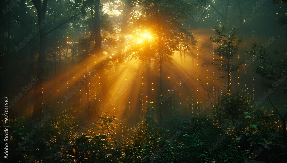 Fototapeta premium sun shining through trees in a forest. 