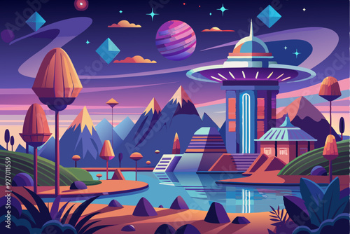 Futuristic Cityscape with Vibrant Colors and Alien Structures