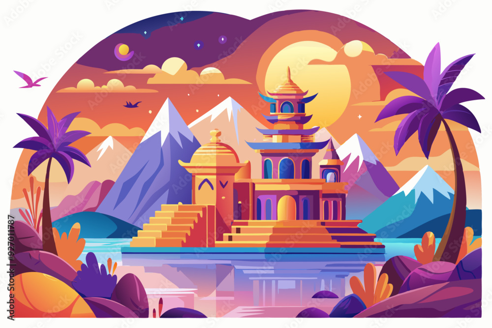 Golden Pagoda on an Island with Mountain Peaks in the Background Golden Pagoda on an Island with Mountain Peaks in the Background