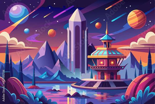 Futuristic Cityscape with Towering Structures and Celestial Bodies