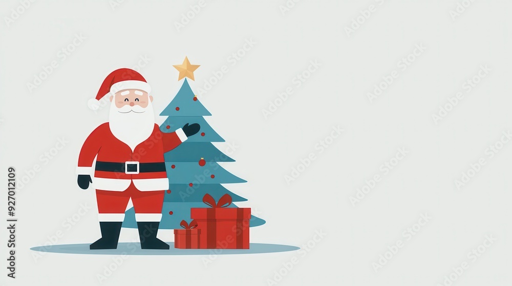Obraz premium Santa Claus with Christmas Tree and Gifts - Festive Holiday Illustration with Santa, Tree, and Presents
