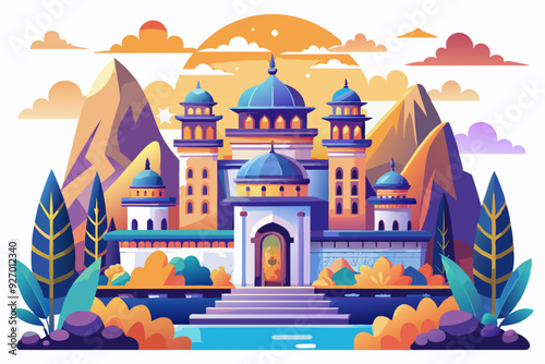 A Colorful Illustration of a Mosque with Surrounding Nature