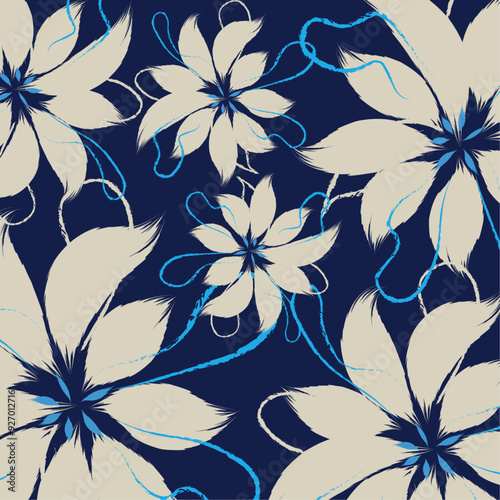 A Flowers hand drawing textiles used in handdrawing clothes and fashion style in vector. blue and soft white floral pattern textile tropical bicolor style