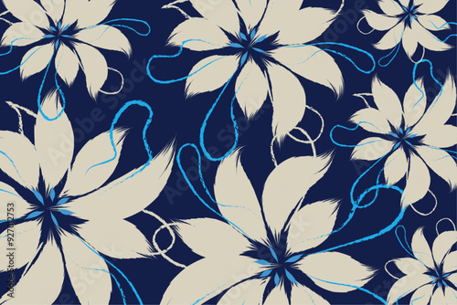 A Flowers hand drawing textiles blue and soft white floral pattern textile tropical bicolor style. A handdrawing clothes and fashion style in vector