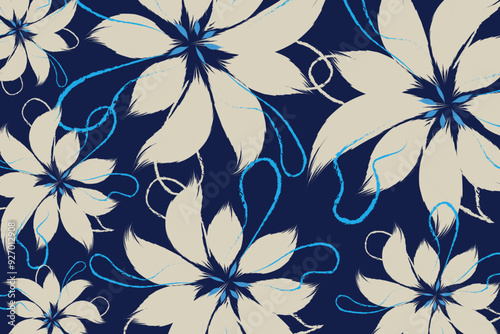 A Flowers hand drawing textiles blue and soft white floral pattern textile tropical bicolor style of clothes and fashion textile in vector