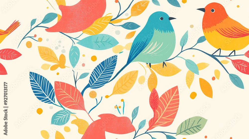 Colorful birds perched on branches with leaves in a cheerful seamless pattern, ideal for nature-inspired and playful designs. Colorful birds perched on branches with leaves in a cheerful seamless pattern, ideal for nature-inspired and playful designs.