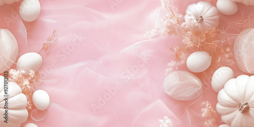 Soft pastel pink background with white pumpkins, eggs, and dried flowers, arranged in a subtle seamless pattern ideal for fall or feminine-themed designs.