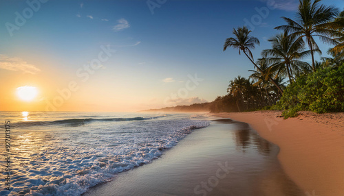 Fototapeta Naklejka Na Ścianę i Meble -  Sun-drenched beach with golden sands, beach chairs under straw umbrellas, and clear, shallow waters. Mykonos, Greece