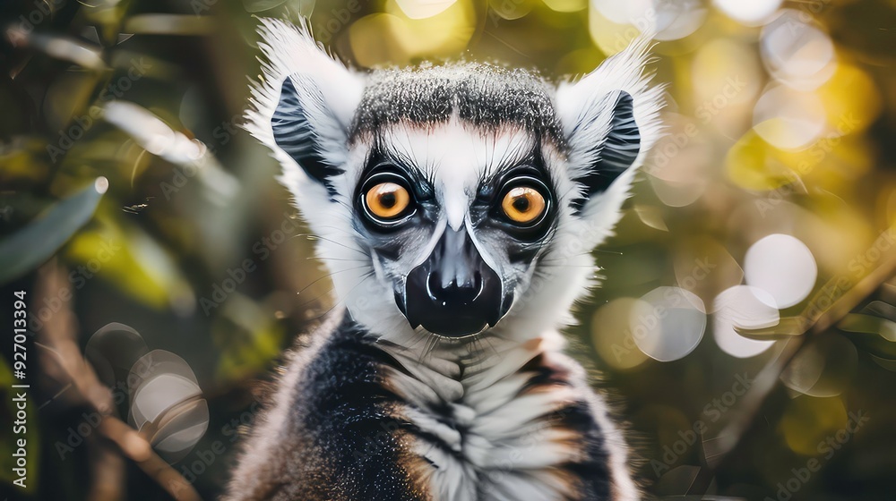 A close-up of a ring-tailed lemur with large, bright yellow eyes, looking directly at the camera. The background is out of focus and blurred with bokeh. A close-up of a ring-tailed lemur with large, bright yellow eyes, looking directly at the camera. The background is out of focus and blurred with bokeh.