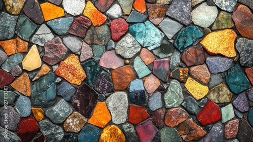 A close-up of a multi-colored stone mosaic wall with an array of different stones and colors,