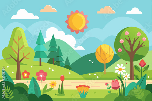 Sunny Spring Day with Flowers and Trees in a Park