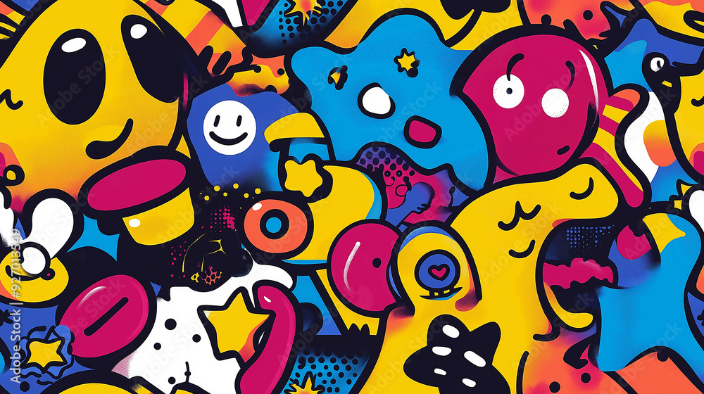 Vibrant and bold abstract doodle pattern with a mix of colorful shapes and characters, giving a fun and energetic vibe. Ideal for youthful and creative designs. Vibrant and bold abstract doodle pattern with a mix of colorful shapes and characters, giving a fun and energetic vibe. Ideal for youthful and creative designs.