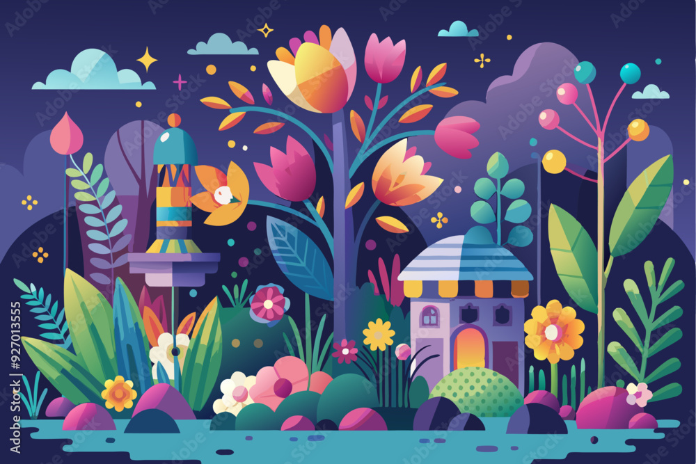 A Nighttime Garden with Colorful Flowers and a Small House A Nighttime Garden with Colorful Flowers and a Small House