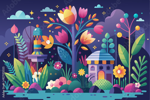 A Nighttime Garden with Colorful Flowers and a Small House