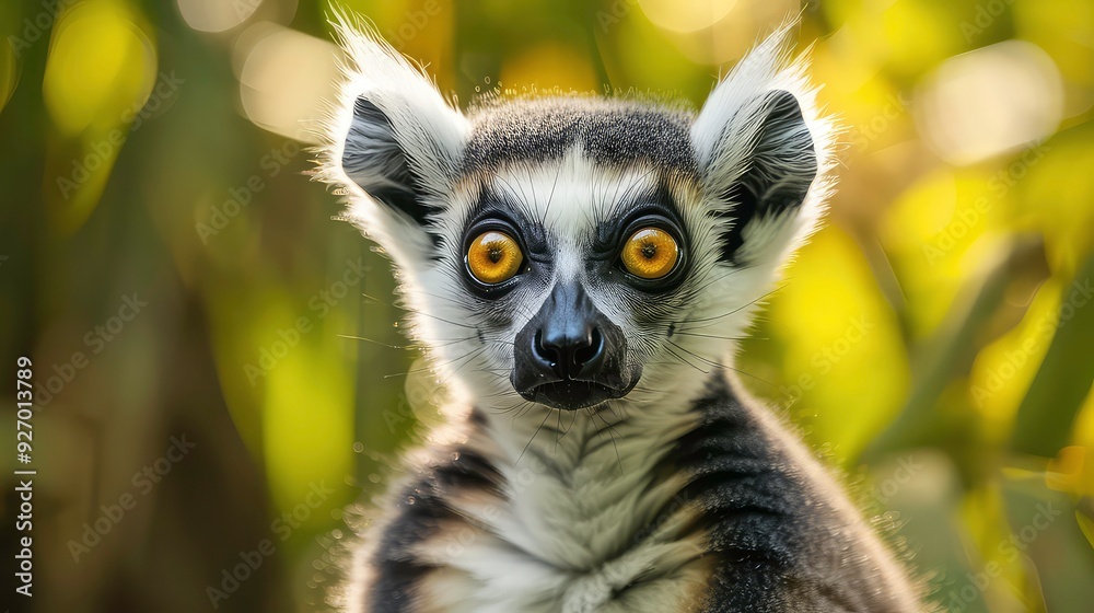 Obraz premium A ring-tailed lemur with large, bright yellow eyes stares intensely at the camera in a close-up shot. Its black nose and white fur contrast sharply against the green foliage.