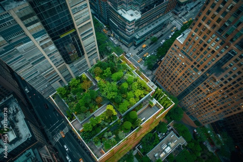 A sprawling rooftop garden in a bustling city, exemplifying urban sustainability and innovative design. 