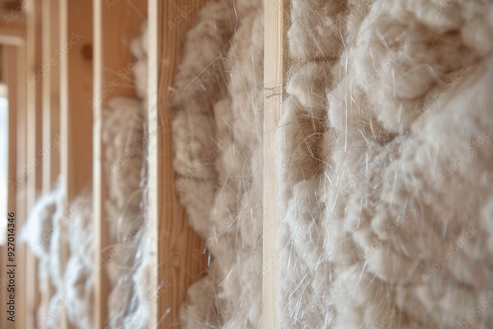 Close-Up of Mineral Wool Insulation Between Wooden Studs in New Home Construction Close-Up of Mineral Wool Insulation Between Wooden Studs in New Home Construction