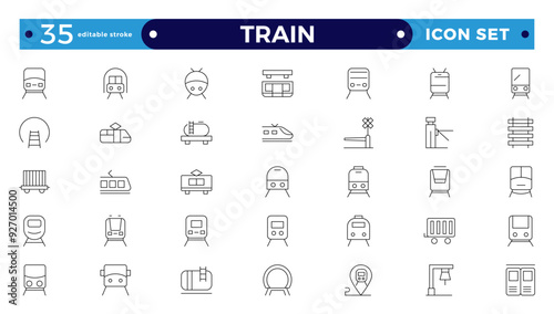 Train and railways icon set. intercity, international, freight trains, linear icons. Editable stroke outline icon. 