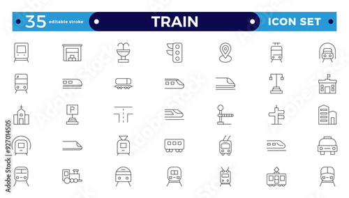 Train and railways icon set. intercity, international, freight trains, linear icons. Editable stroke outline icon. 