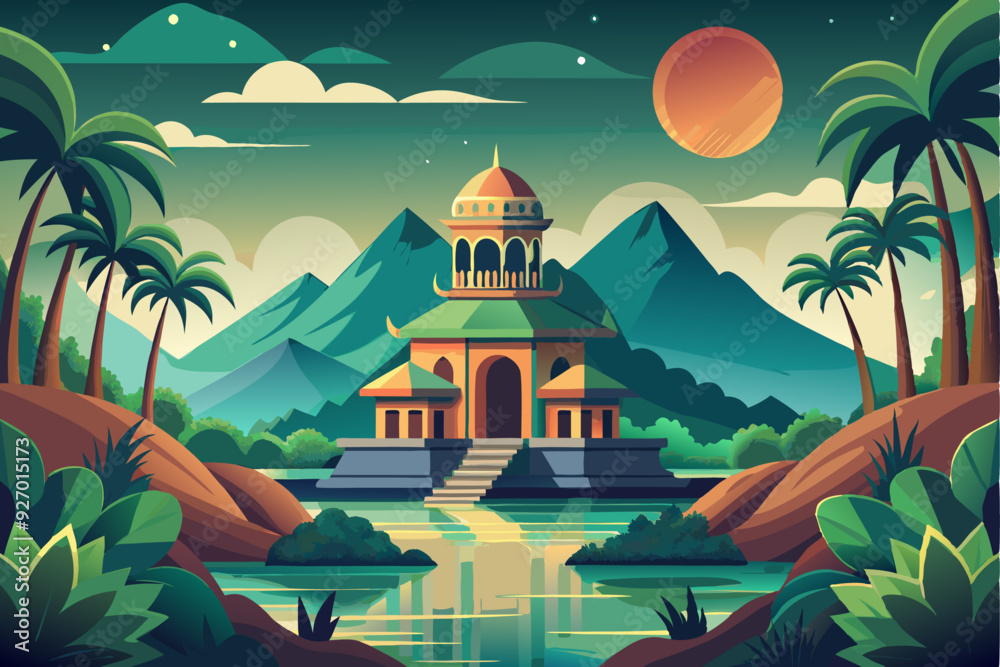 Obraz premium An ancient temple with a large dome and golden accents, surrounded by lush greenery and a serene lake