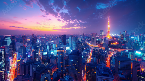 空から見た東京タワーが見える夜景のイメージ