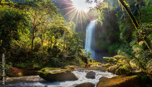 Rainforest, the sun is shining, waterfall in jungle photo