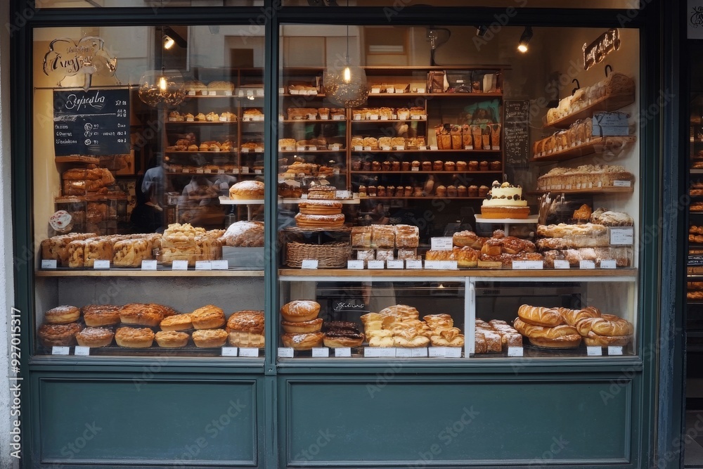 Bakery Display Window with Assortment of Freshly Baked Goods