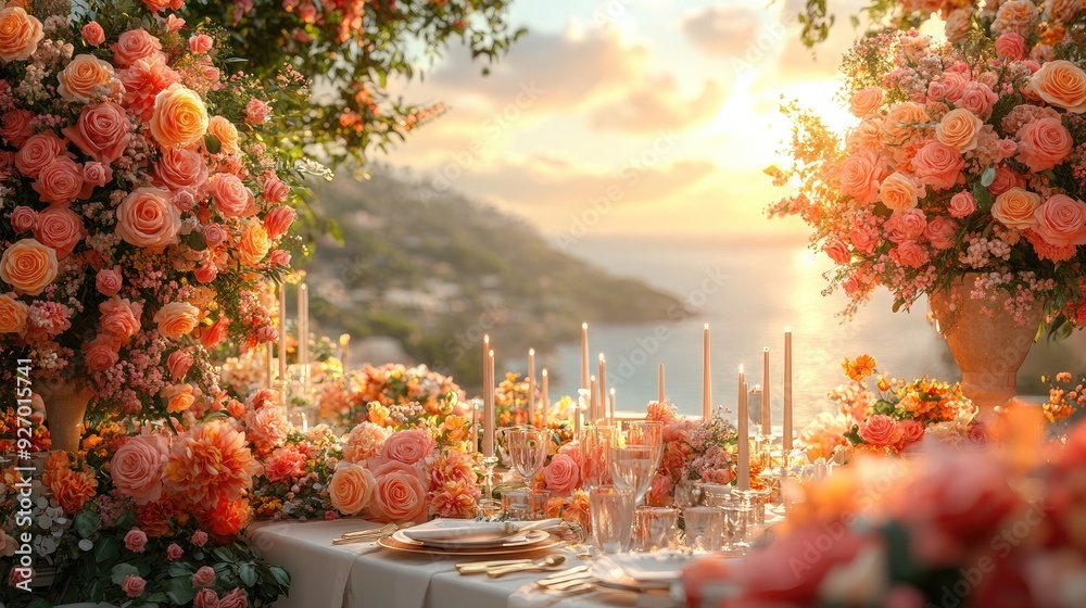 Elegant Wedding Setup with Floral Arrangements and a Beautiful Backdrop