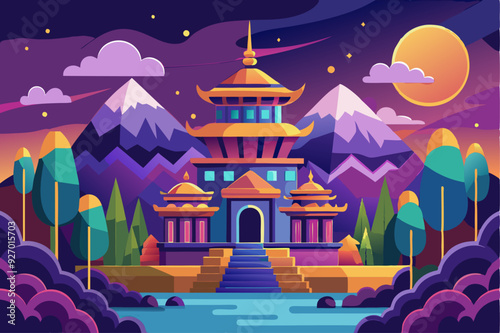 Nighttime View of a Golden Pagoda with Mountains and a Moon in the Background