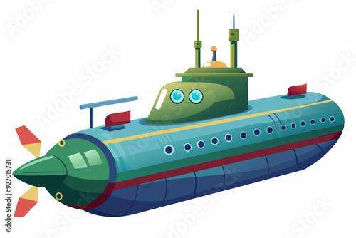 Cartoon illustration of a blue and green submarine with a red flag