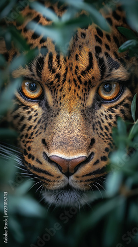 The eye of a leopard, Panther Pardus, looking through greenery, natural frame