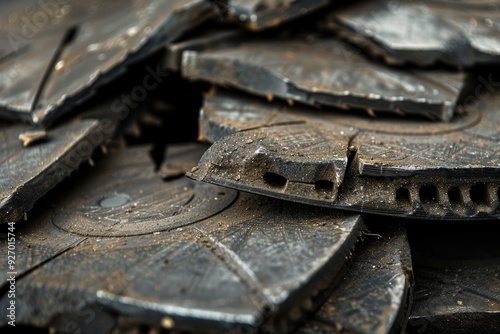 Worn Out Brake Pads Close-Up with Detailed Texture and Damage for Automotive Repair Reference